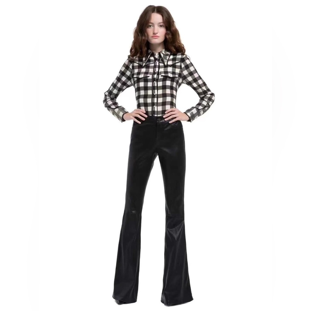 NWT Alice + Olivia Caleb Western Check Plaid Silk Shirt Blouse Top